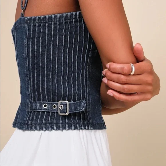 NWT Lulus Dark Wash Denim Cropped Cami Corset Medium - Picture 3 of 10